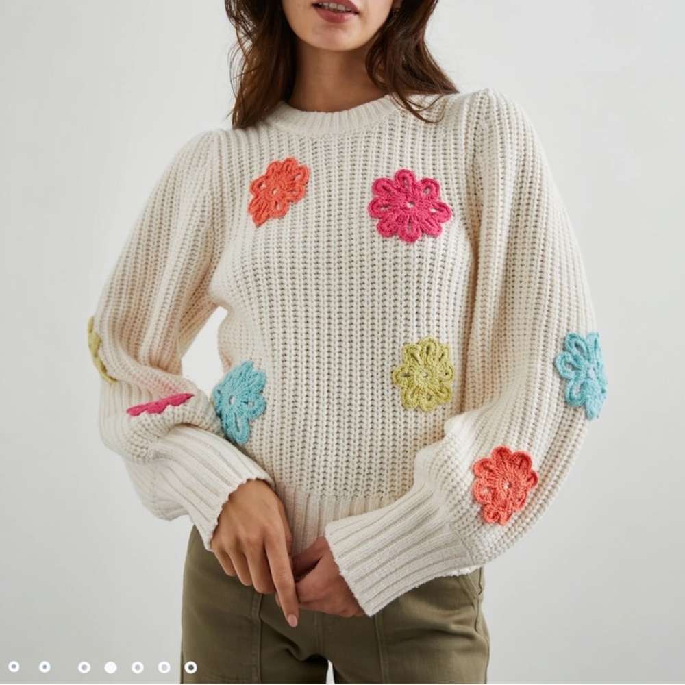 NWT RAILS Romy Sweater Ivory Multi Daisies Chunky Knit Floral Appliqué Large